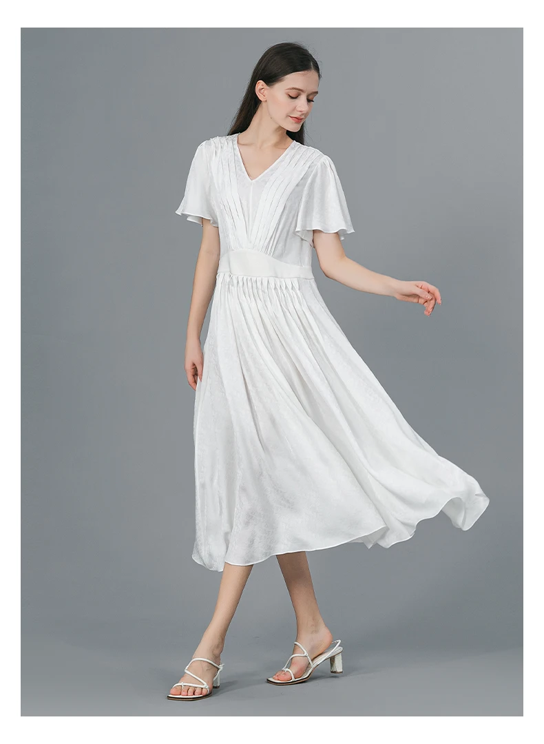 

22 Momme Jacquard Mulberry Silk Dresses Women V-neck Three-dimensional Decoration Butterfly Short Sleeves White Dress AE1656