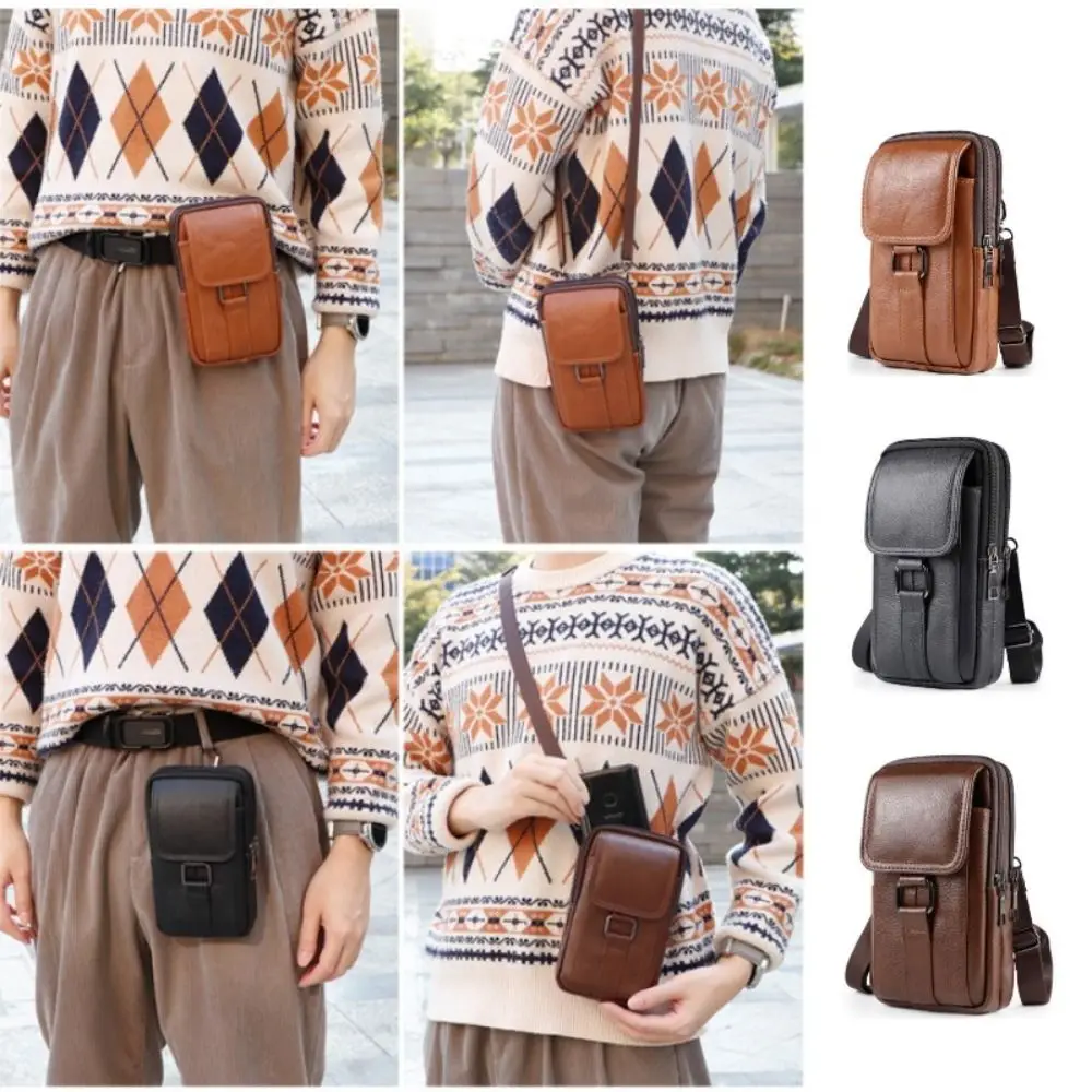 

Portable PU Leather Men's Waist Bag Large Capacity Wear Belt Chest Bag Multi Layer Mobile Phone Waist Bag Men