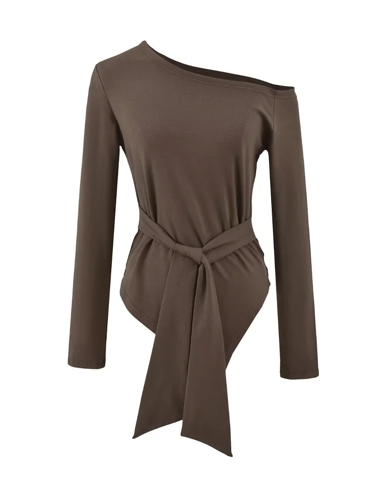 Sexy coupe ajustée longue Sve T-irt femmes Sle ourlet asymétrique décontracté haut de gamme sentiments oul-baring haut pour les adolescents