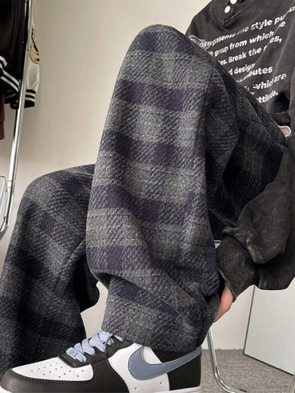 

Мужские шерстяные брюки в клетку на флисовой подкладке, осенне-зимние, модные, повседневные, длинные, в американском стиле, с деталями в стиле Youthful Energy