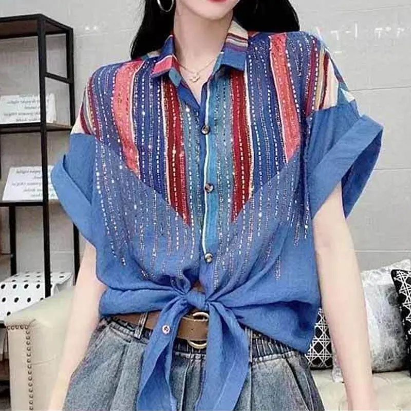 Women\'s Clothing Printing Buttons Fashion Loose Pleated Summer Thin Casual Korean Turn-down Collar Sexy Short Sleeve Blouses