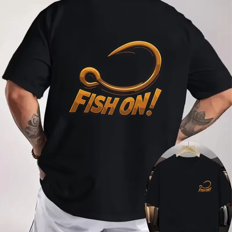 FISH ON Fish Hook Motorcycle Double Sided Print T-Shirt Men's Summer Short-sleeved Round Neck Casual Streetwear Tops Tee
