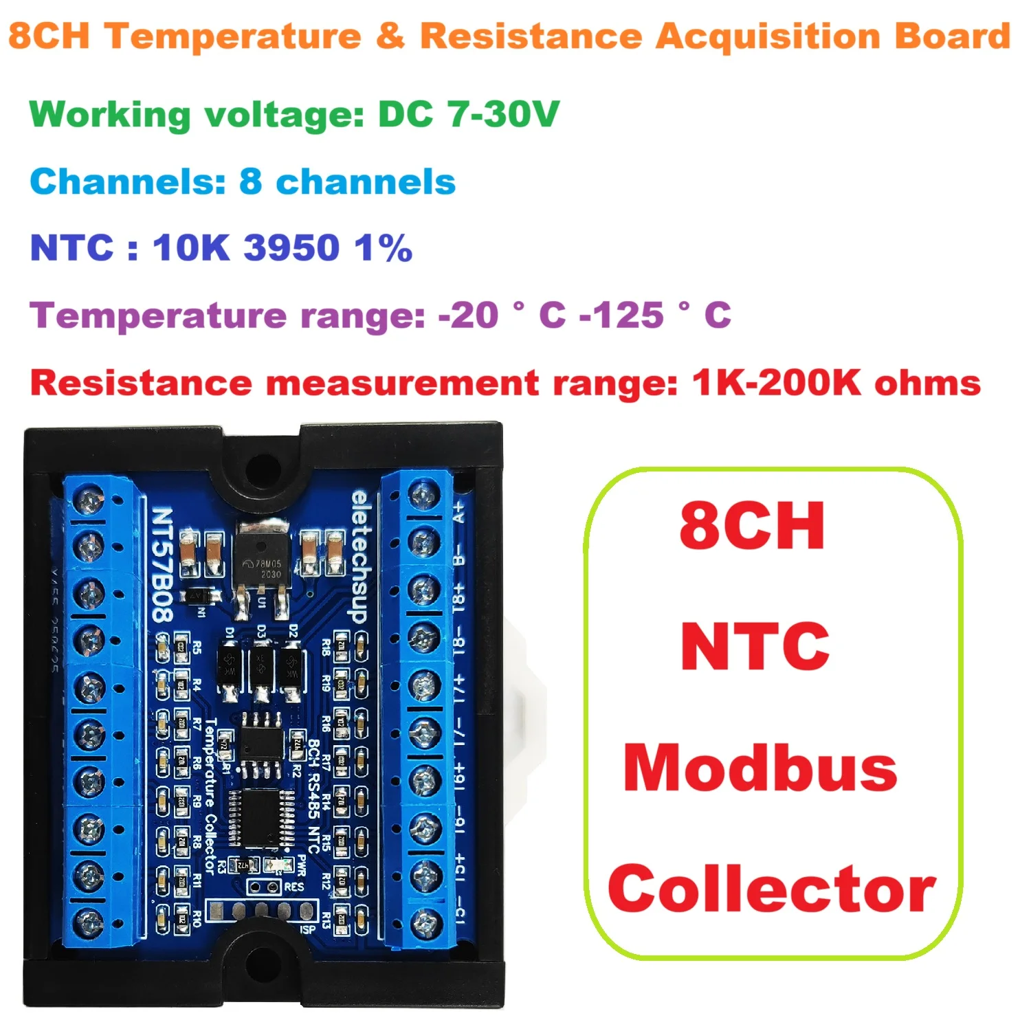 8Ch RS485 Modbus RTU Temperature Data Acquisition Module for NTC Thermistors Industrial Paperless Recorder