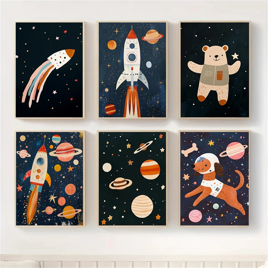 

Space Rocket Planet Baby Room Wall Art Canvas Painting Posters Animals Astronaut Prints Kids Room Decorative Painting Home Mural