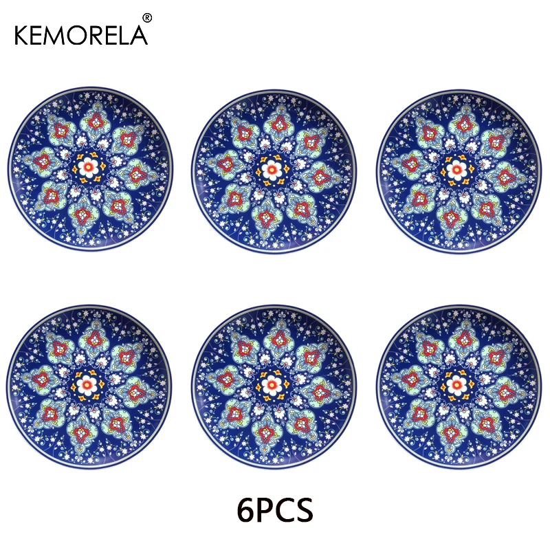 6PCS Colorful Bohemian Style Ceramic Plates 8/10Inch Dishes For Steak Restra Microwave Oven and Dishwasher Safe Dinner Plates