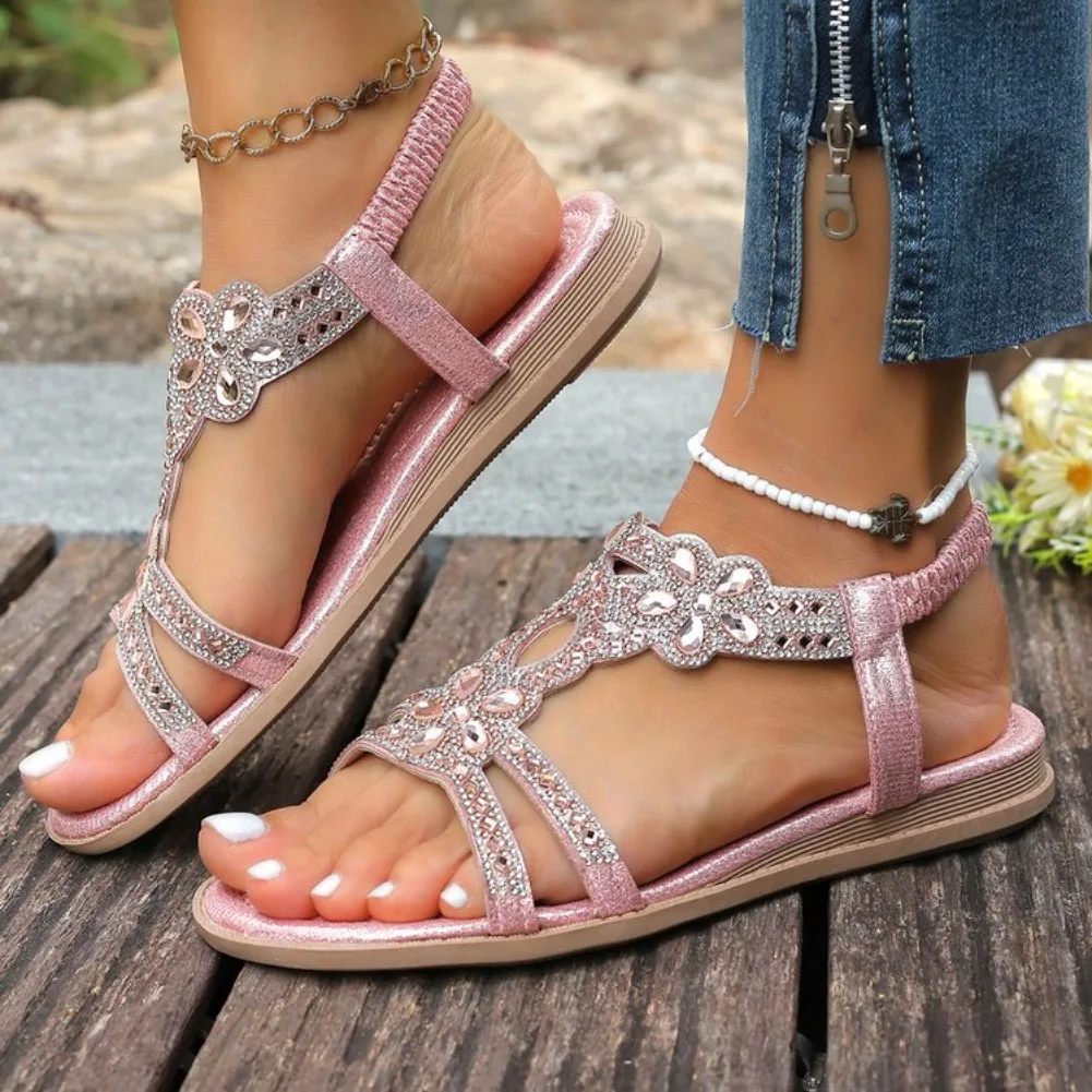Women's Rhinestone Embellished Flat Sandals Casual Summer Beach Footwear Pink Blue Color Options Comfortable Daily Outdoor Wear