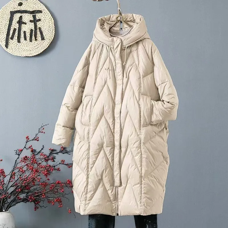 أسفل القطن 2025 جديد الشتاء المرأة فضفاضة وسميكة مقنعين طويلة فوق الركبة سترة قطن المرأة الدافئة أسفل معطف القطن
