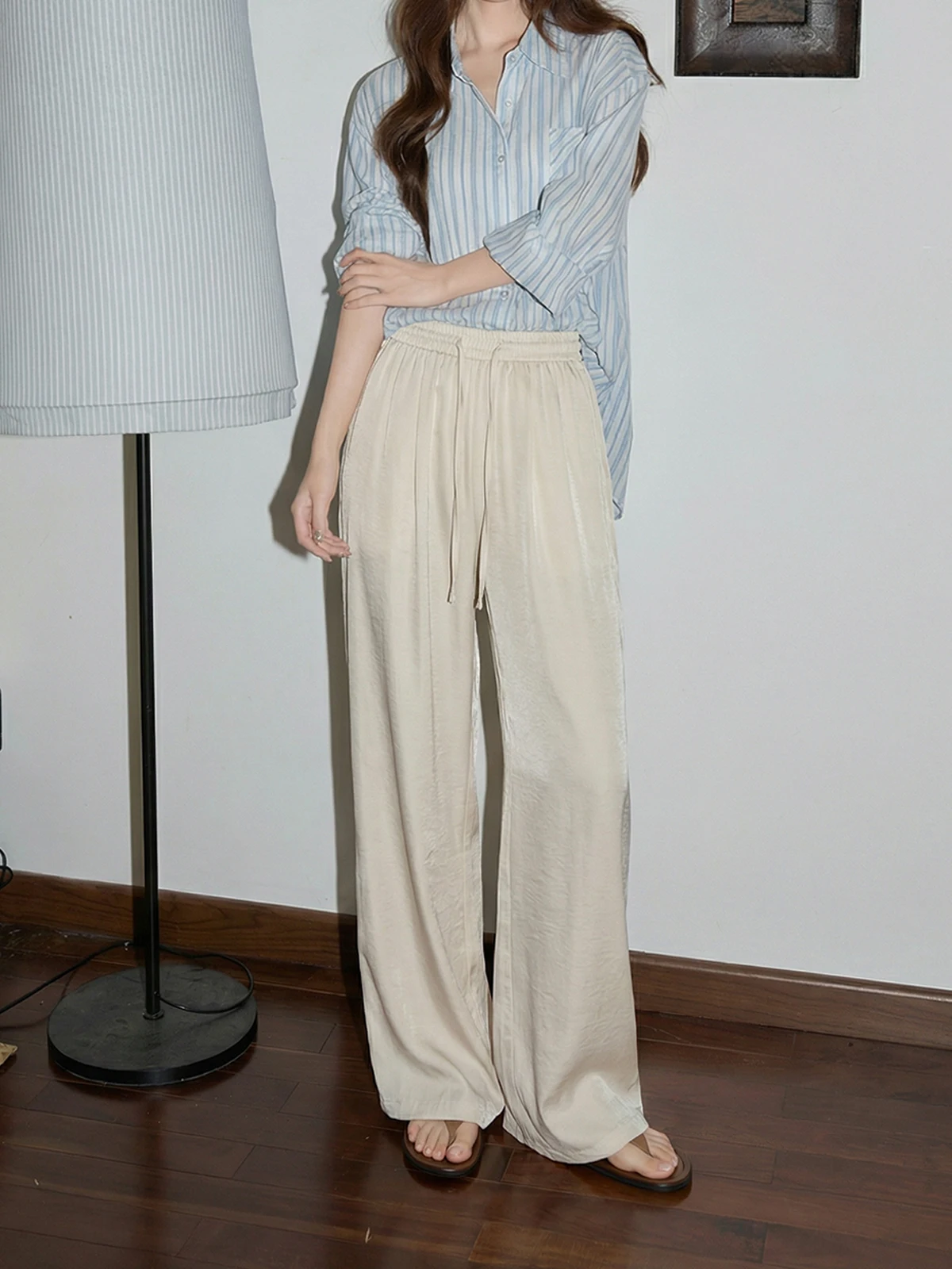 

Женские летние тонкие льняные брюки с высокой талией и широкими штанинами, свободного кроя, в корейском стиле, с эластичным поясом, модель Sakamoto