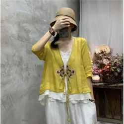 Summer Womens Cotton And Linen Embroidered Lace Up Cardigan Loose Top