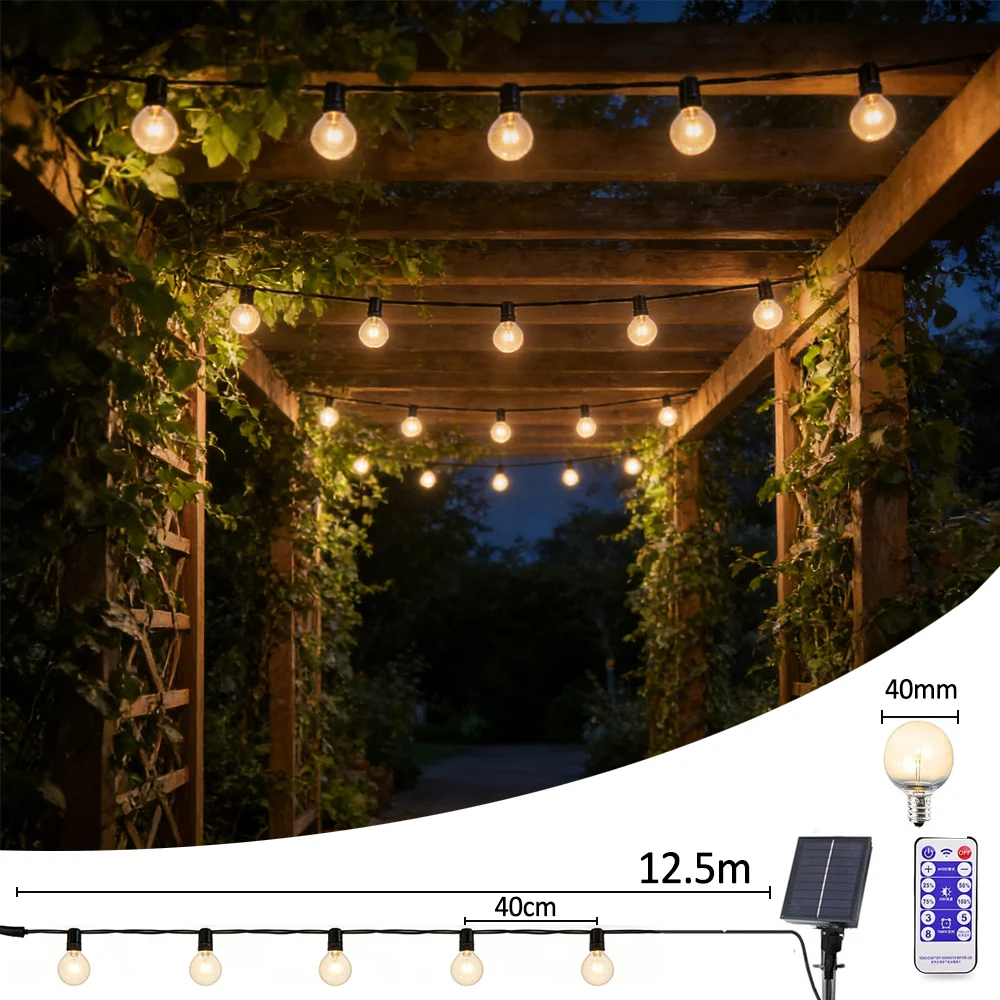 124m-g40-ソーラー-led-ストリングライト屋外用-25-クリア電球防水-ip65-8-モードリモコン庭パティオ結婚式用