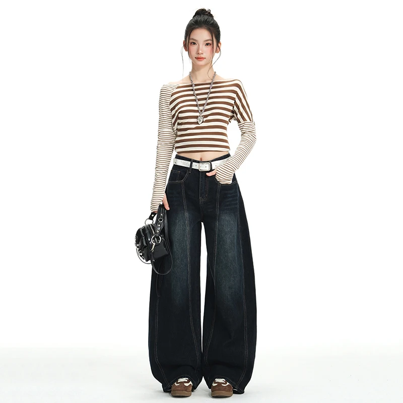 

Американские ретро-вышитые широкие джинсы с изогнутыми ножками для женщин осенью, новые свободные брюки в пол с высокой талией и прямыми штанинами Y2K