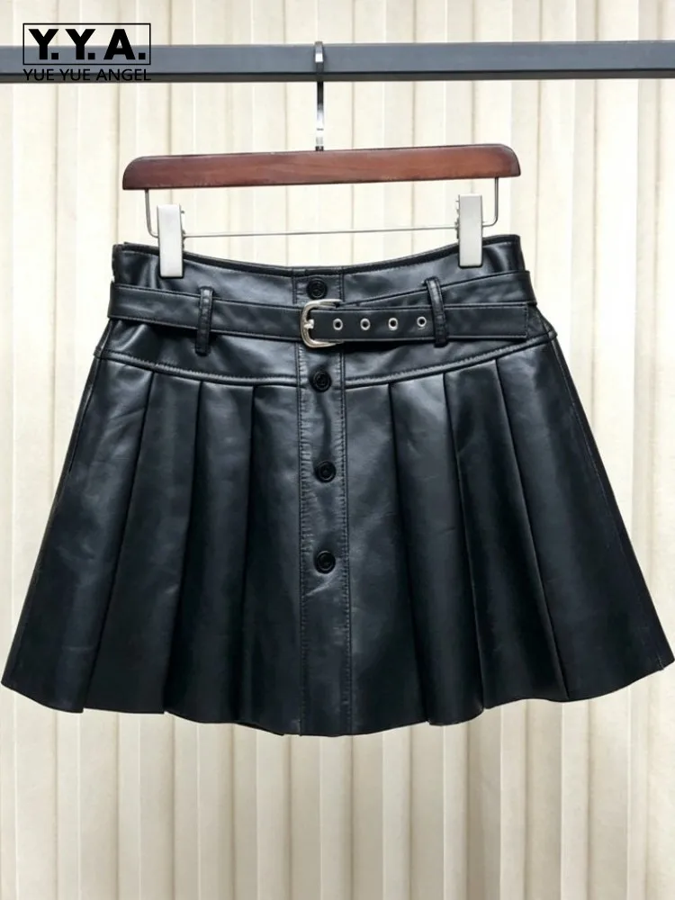 Streetwear Ladies High Waist Single-Breasted Genuine Leather Short Skirt Solid Color Sheepskin Belt A Line Pleated Skirts