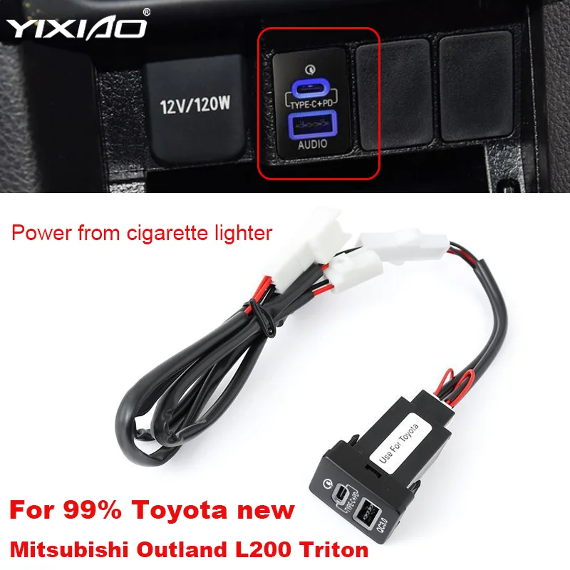 1PC 12V Blue Light Car dul Charger QC3.0 PD USB C Fast Charger Outlet Power For Mitsubishi Outland L200 Triton Toyota new