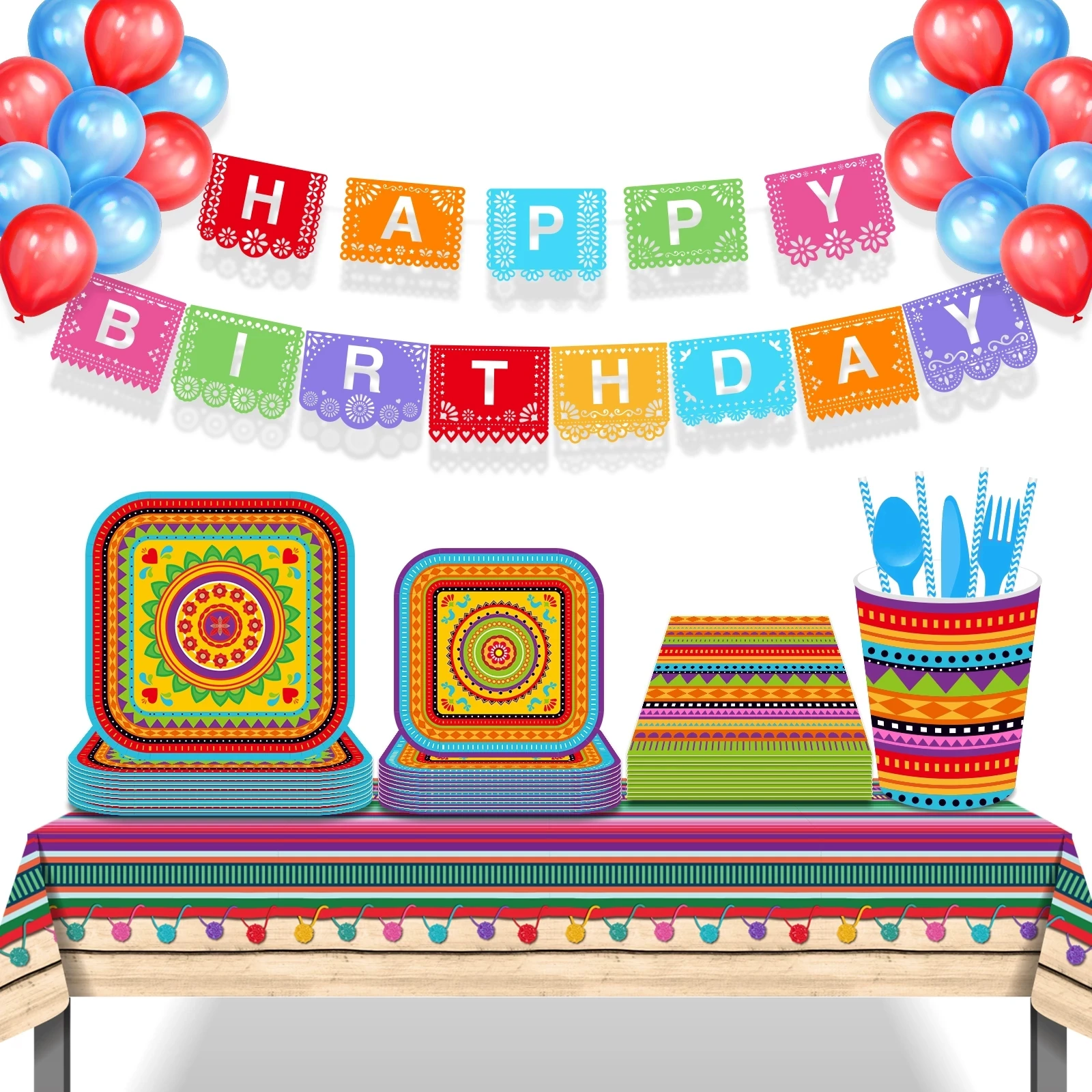 Mexican Birthday Party Supplies Set Plates Cups Napkins Tablecloth Banner for Cinco de Mayo Fiesta Themed Party Decorations