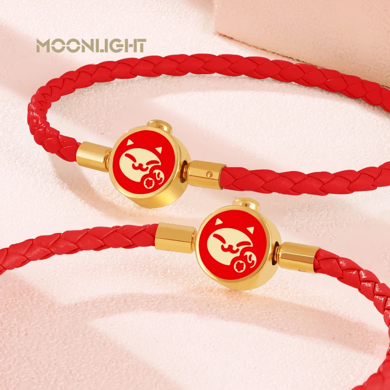 

MOONLIGHT Fashion Lovely Cat Braided Leather Bracelet For Women Red Lucky Stainless Steel Bracelet Female Jewelry Birthday Gift