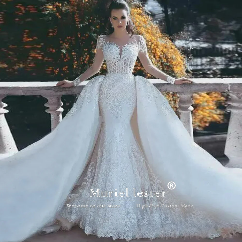 Luxury Illusion Mermaid Wedding Dress Detachable Train Customized Long Sleeves Appliqued Beads Bridal Gowns 2 Pcs Bride Dressess