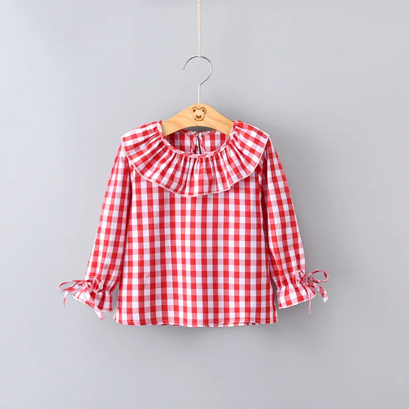 2024 Spring Baby Girls Full Sleeve Blouse Children Checkered Ruffles Collar Shirt Top Kids Flare Jumper Clothes