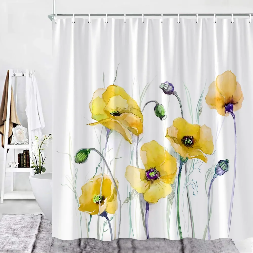 Art Flower Shower Curtains Hooks Watercolor Yellow Red Blue Poppy Floral Plant Decors Fabric Bathroom Curtain Bath Accessies Set