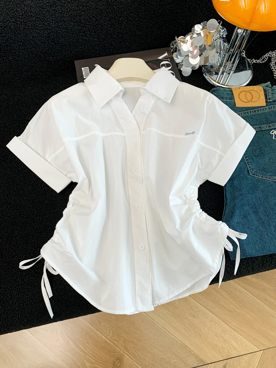 

Women's Loose Fit Short Sleeve Shirt Drawstring Waist Design Summer 2026 New Style White Casual Commute Top Fashion Design