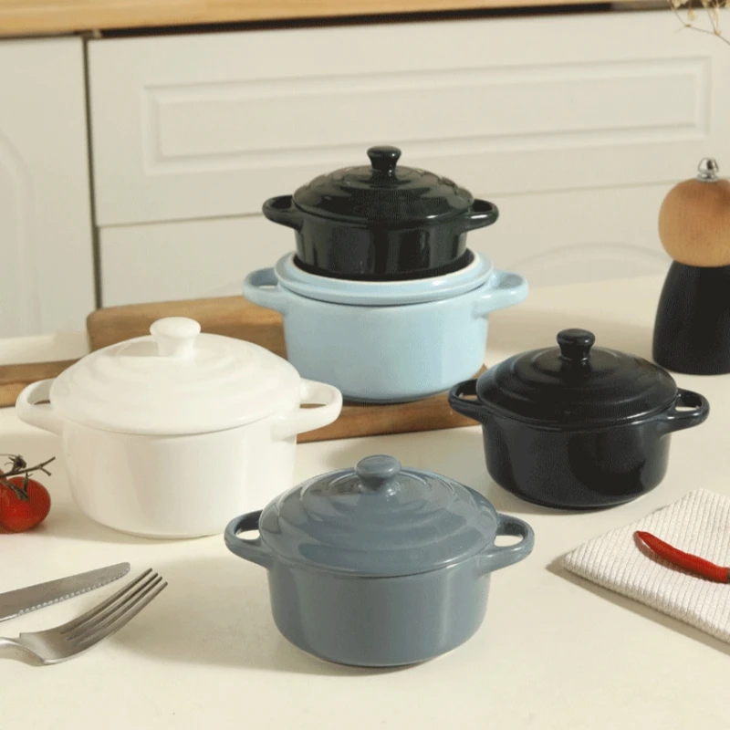 Ceramic Baking with Lid Steaming Egg Bowl, Steaming Stew Pot, Double Ear Bowl, Baking Bowl, Household Stew Soup Pot Tableware
