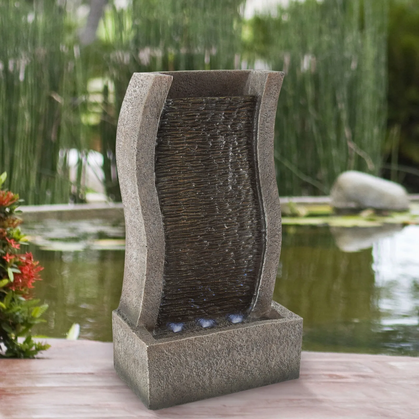 

US 19 Inch/13 in Stone Wall Standing Fountain Indoor Outdoor Waterfall with LED Lights Modern Tiered Brick Polyresin