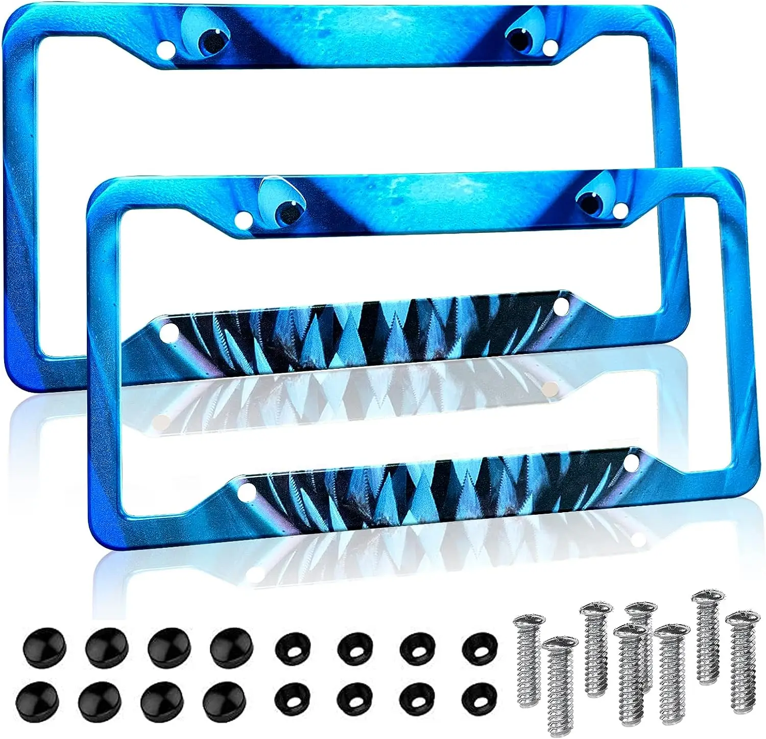 

Рамки номерного знака, обложки для номерного знака с акулами и зубами, синие алюминиевые блестящие металлические персонализированные держатели номерного знака, Ужасный Декор