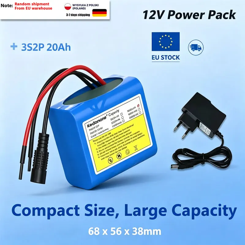 Batteria ricaricabile agli ioni di litio da 12V 20Ah, 20000mAh, batteria portatile per dispositivi da 12V, auto radiocomandate, barche, robot, fai-da-te + caricabatterie