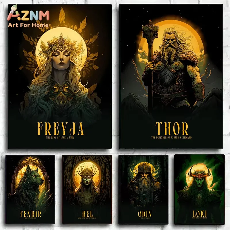 1 Stück, Nordische Mythologie Götter Göttinnen Freyja Thor Odin Loke Kunstposter Drucke Leinwandgemälde Wandbild für Wohnzimmer Heimdekoration