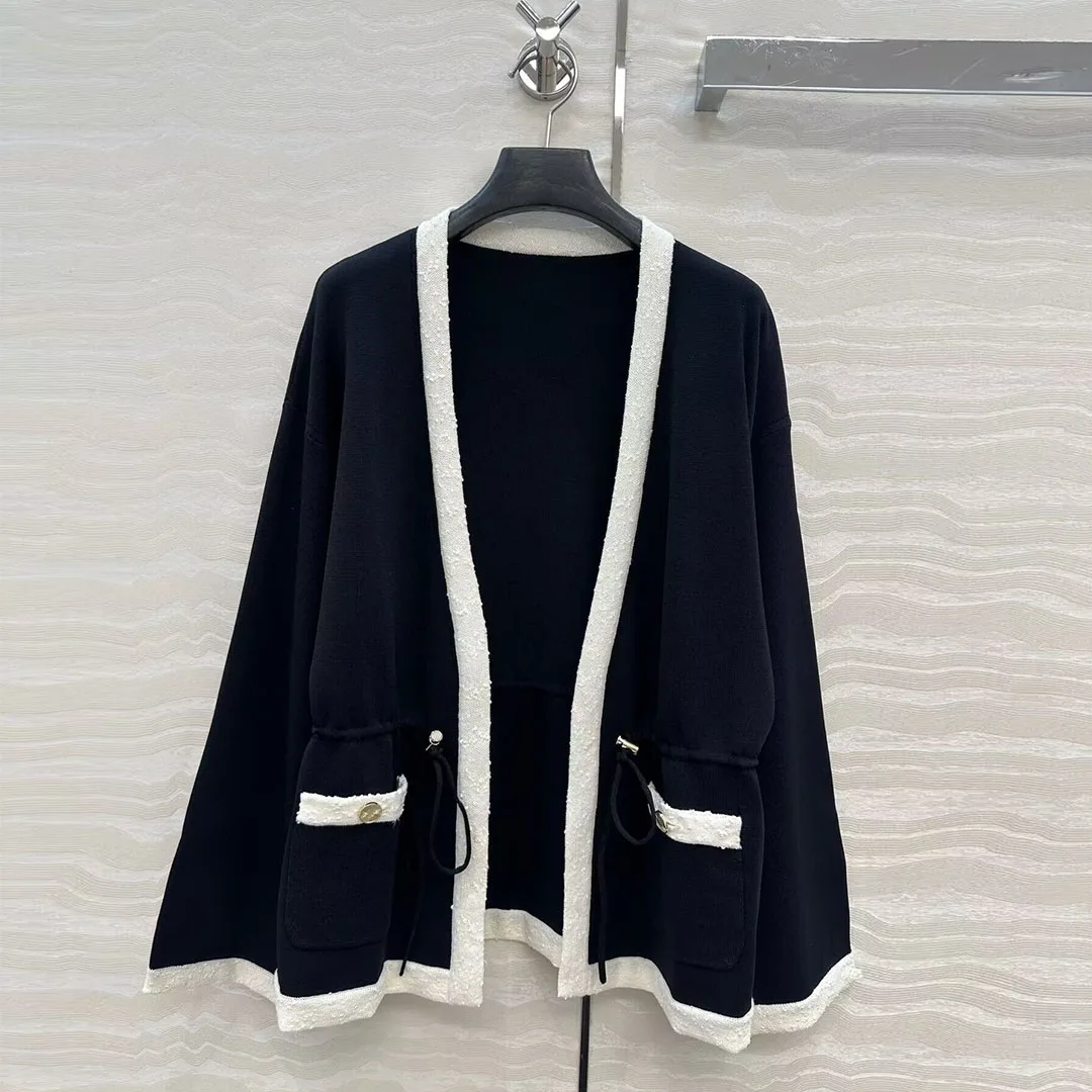 

New Autumn Vintage Open Stitch Loose Sweater Women Stripes Patchwork V-neck Long Sleeve Drawstring Belt Pockets Knitted Cardigan