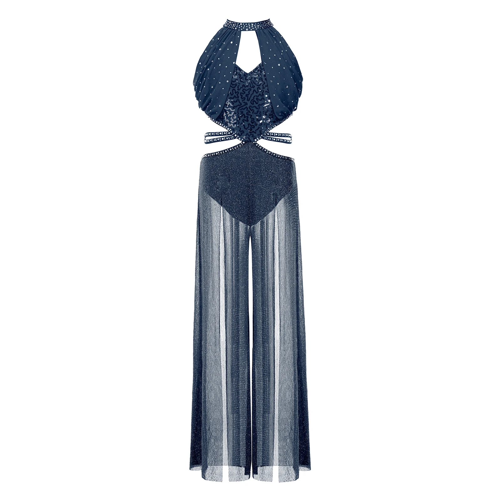 Kids Girls Lyrical Dance Cutout Jumpsuit Sleeveless Sequin Split Mesh Wide-leg Pants Bodysuit for Stage Performance Dancing
