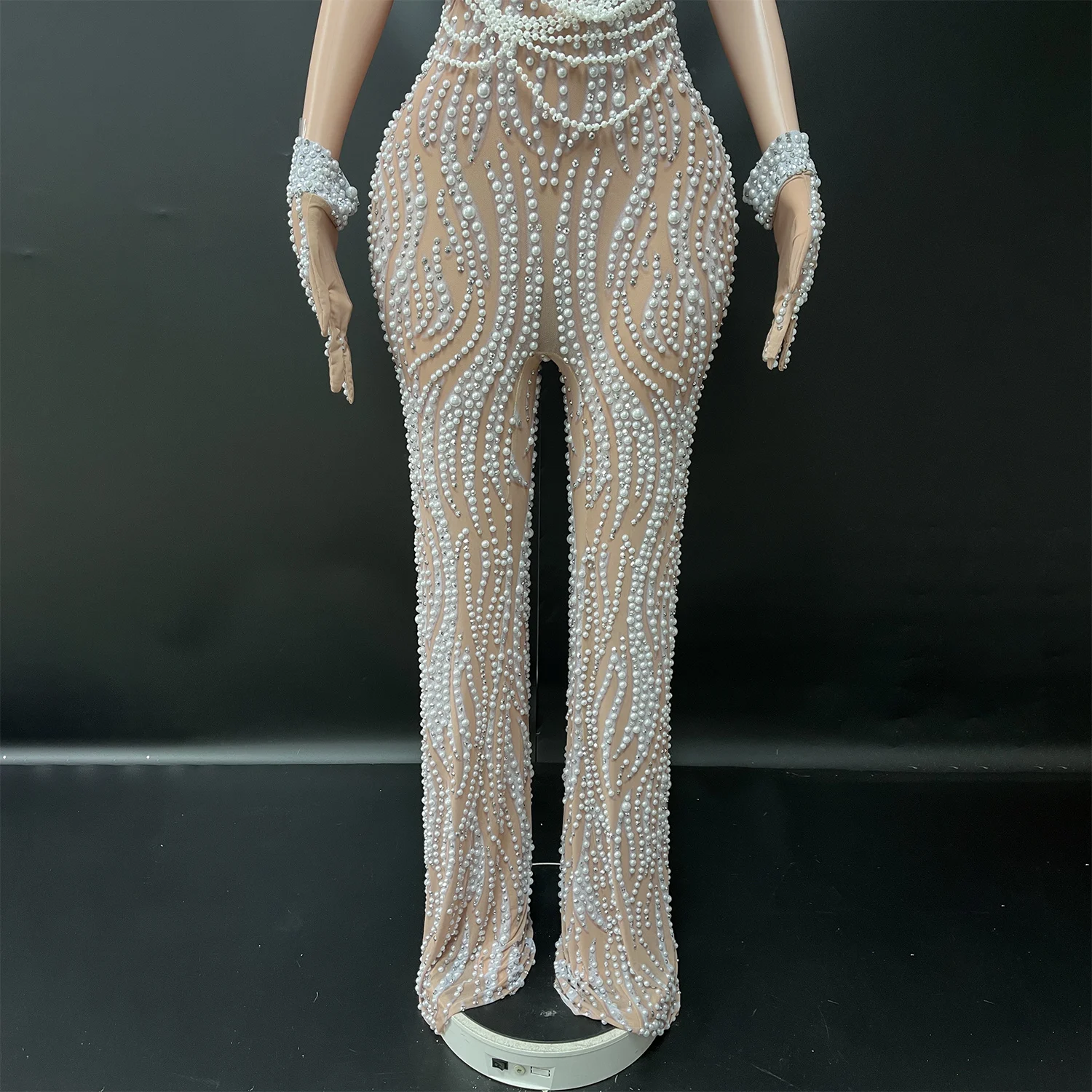 Elegant Luxury Beaded Rhinestone Jumpsuit - Backless Evening Dress for Host Stage Performance Birthday Party Prom Glove jumpsuit