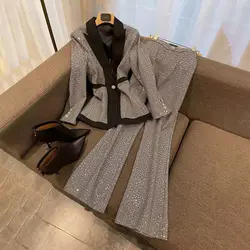 2024 Glitter Long Sleeve Fashion Women Blazer Loose Casual Y2K Party Outwear Elegant Official Vintage Suits Shiny Pant Suit