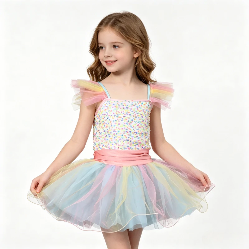 

Rainbow Color Ballet Tutu Dance Dress, Gymnastics Leotard Ballerina Dancewear, Elegant Princess Performing Costume for 3-8Y