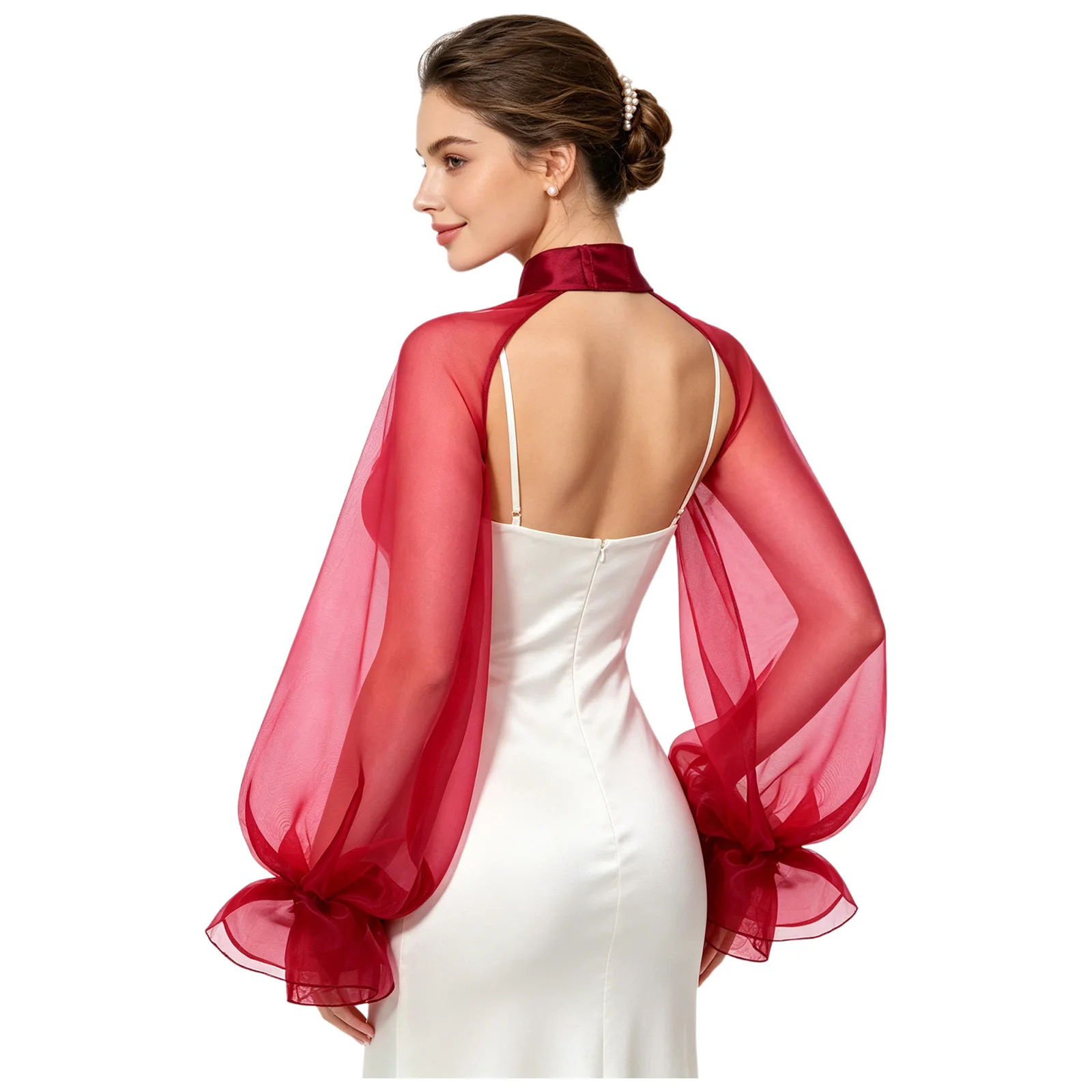 Wedding Party Gown Dress Bolero Shrugs Womens Organza Puff Sleeve Shrugs High Neck Long Sleeve Ruffled Detachable Sleeve Capes
