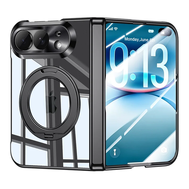 For iPhone Duo Case Electroplated Clear Rotating Holder Folding With Tempered Film Shockproof Protection Back Case Accessories