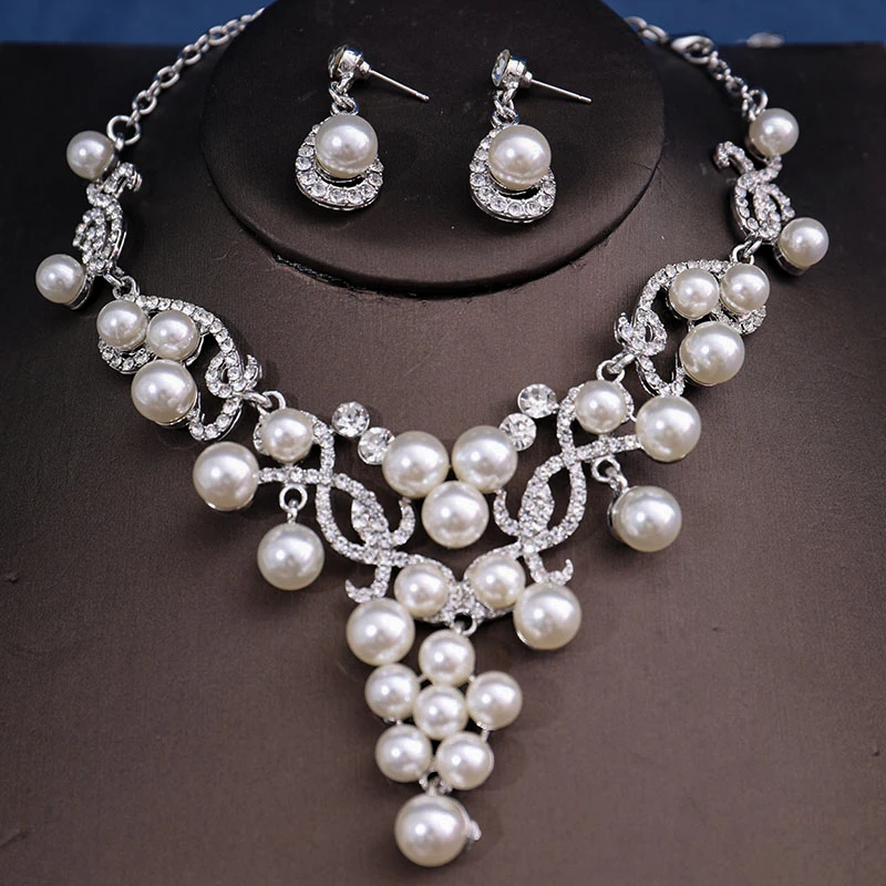 Fashion Women Bridal Elegant Wedding 3pcs/set Party Pearl Rhinestone Angle Necklace Earrings Jewelry Set Banquet Gift