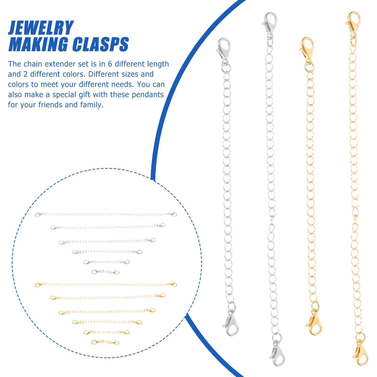 

12Pcs Lobster Clasp Cord Copper Multi Size Length Extender Necklace Bracelet DIY Jewelry Making Clasps Closure Accessory Set