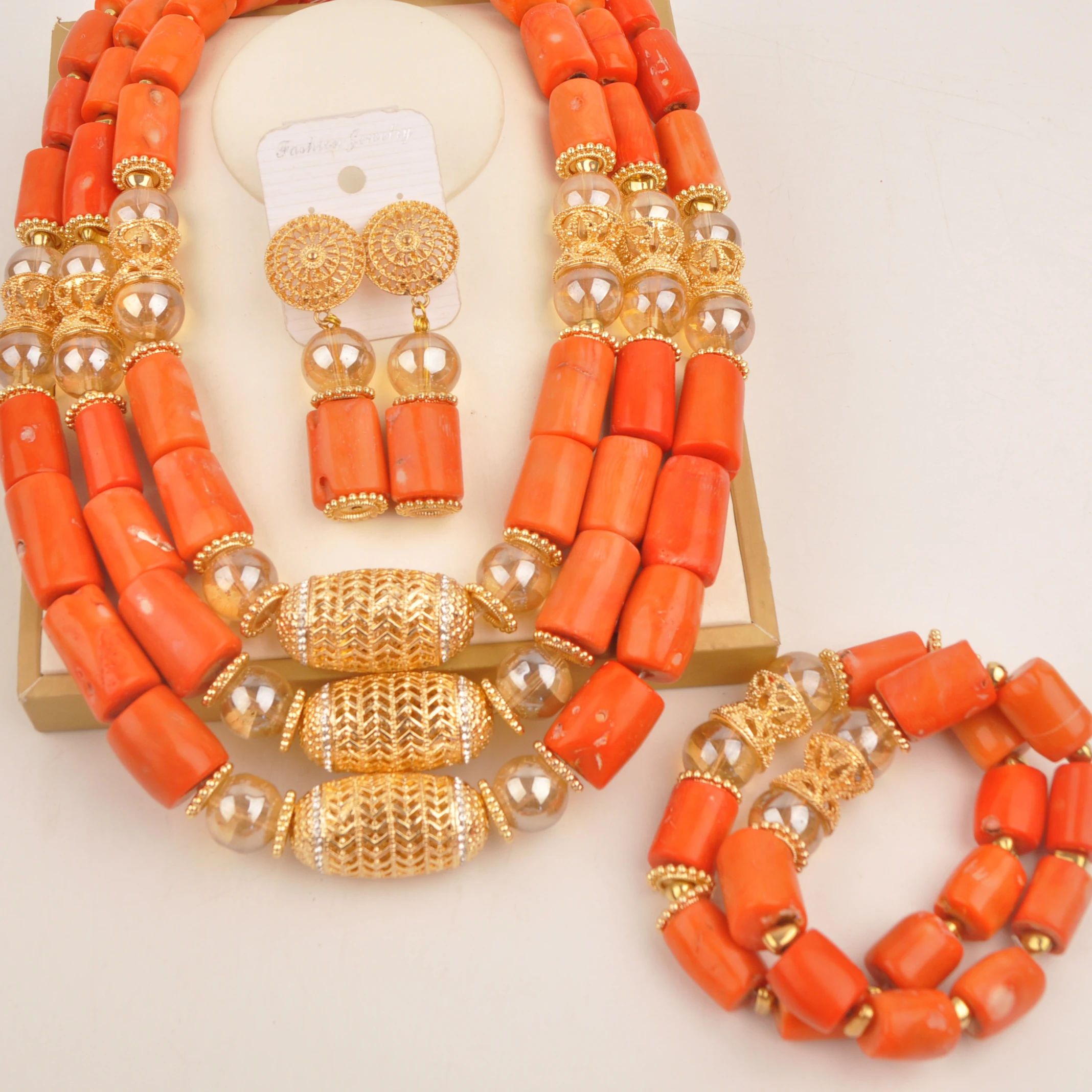 Orange Natural coral Nigerian Wedding Fashion jewelry African necklace