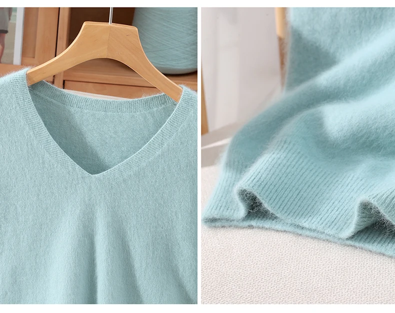 Damen 100% Reiner Nerz-Kaschmir V-Ausschnitt Pullover T-Shirt Einfarbig Gestrickt Modisch Vielseitig Kurzärmeliger Pullover – Detail 21