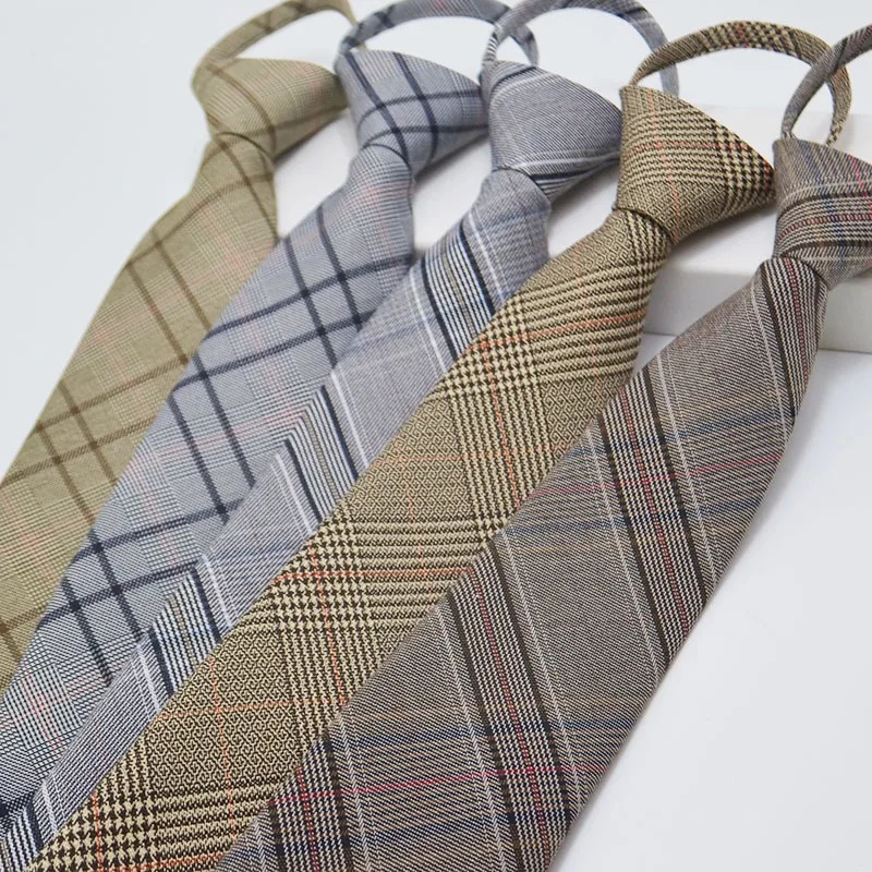 British Style Fashion TR Fabric Plaid Neck Ties For Men Formal Brown Khaki Wool Clip Tie Luxury Soft Free Knot Lazy-tie Cravat