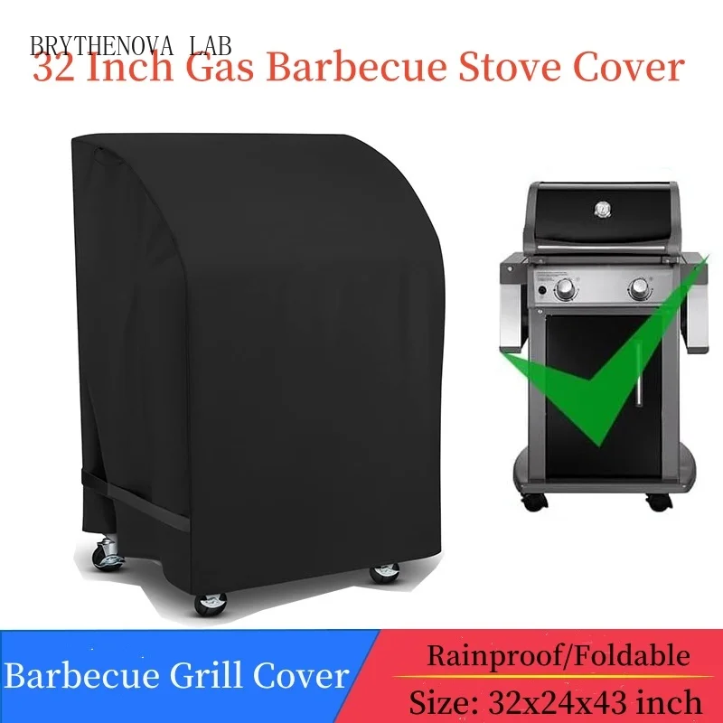32 inch Gas Barbecue Stove Cover BBQ Cover, Rainproof Outdoor Hood Oven Cover, Folding Side Table 210D Cloth Black Grill Covers