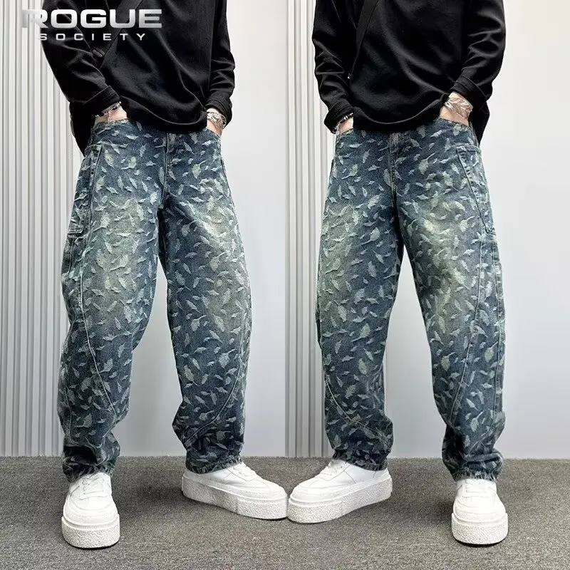 

High Street Vintage Jacquard Baggy Jeans Men Wide Leg Pants Streetwear Korean Y2K Edgy Harajuku Washed Trousers Hip Hop Unisex