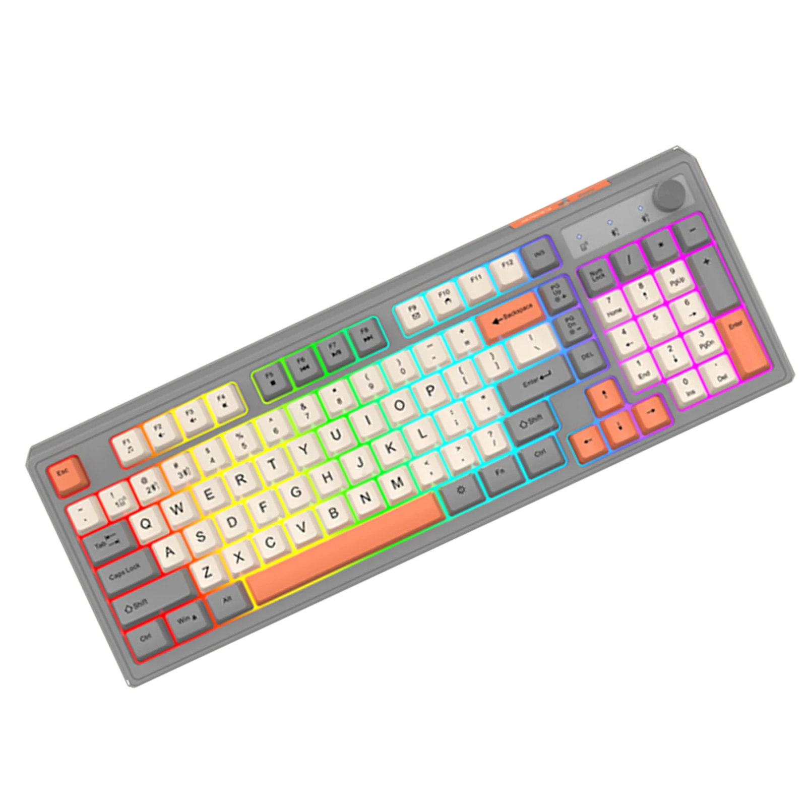 Teclado sem fio 2.4G Teclado mecânico BT de 98 teclas com teclado recarregável retroiluminado com botão de controle de volume para computador