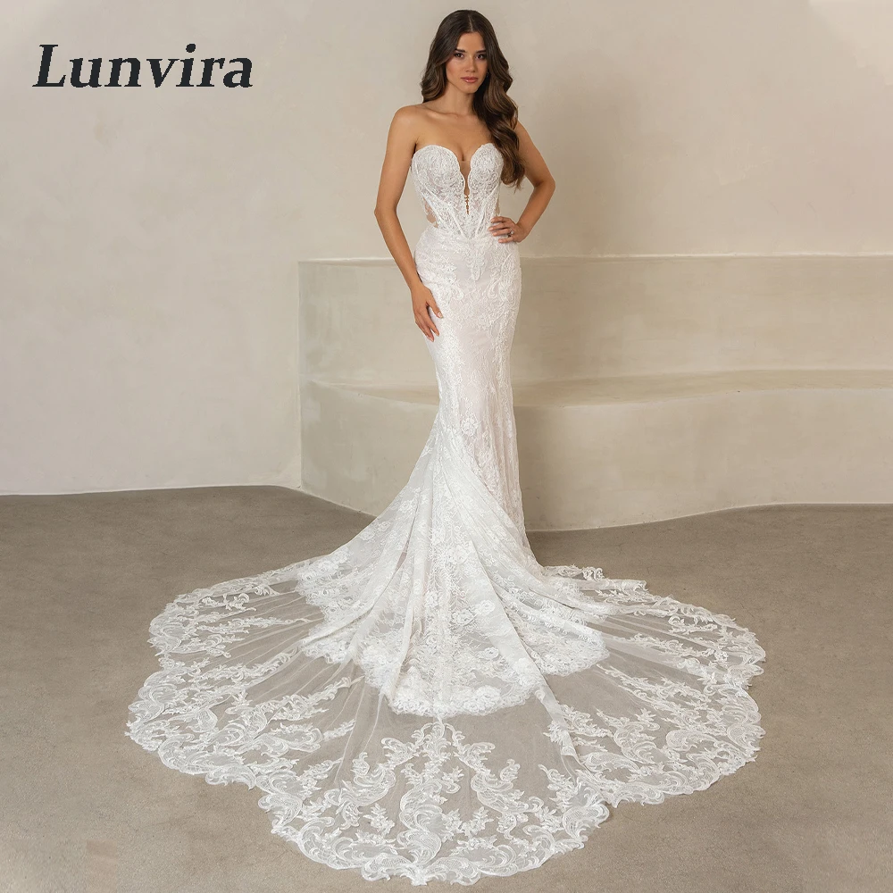 Lunvira Fancy Sweetheart Bridal Dress Tulle Royal Train Mermaid Lace Appliques Sleeveless Robe De Mariee Customized Plus Size