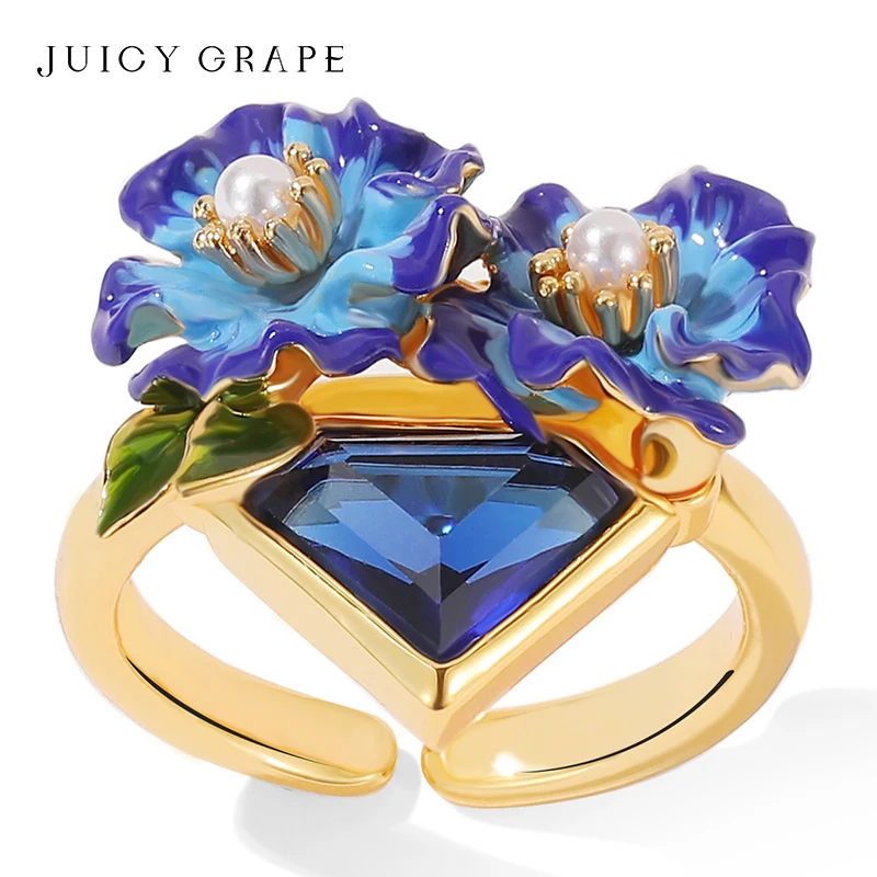 Juicy Grape Orchid Flower Ring for Women Enamel Flower Rings for Women 18K Gold Handmade Enamel Elegant Ladies Jewelry Rings