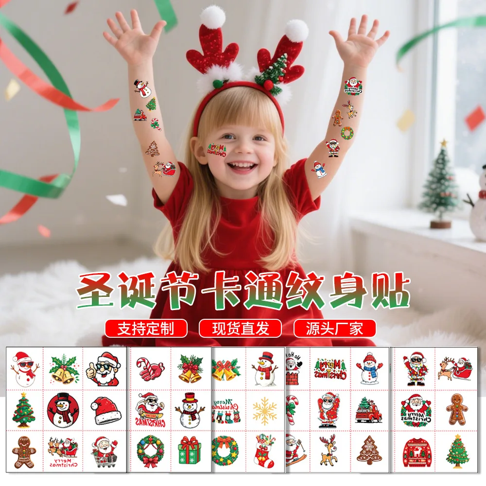 12 Sheets Cartoon Christmas Temporary Tattoos For Kids Cute Santa Claus Snowman Stickers Holiday Party Favors Non Toxic