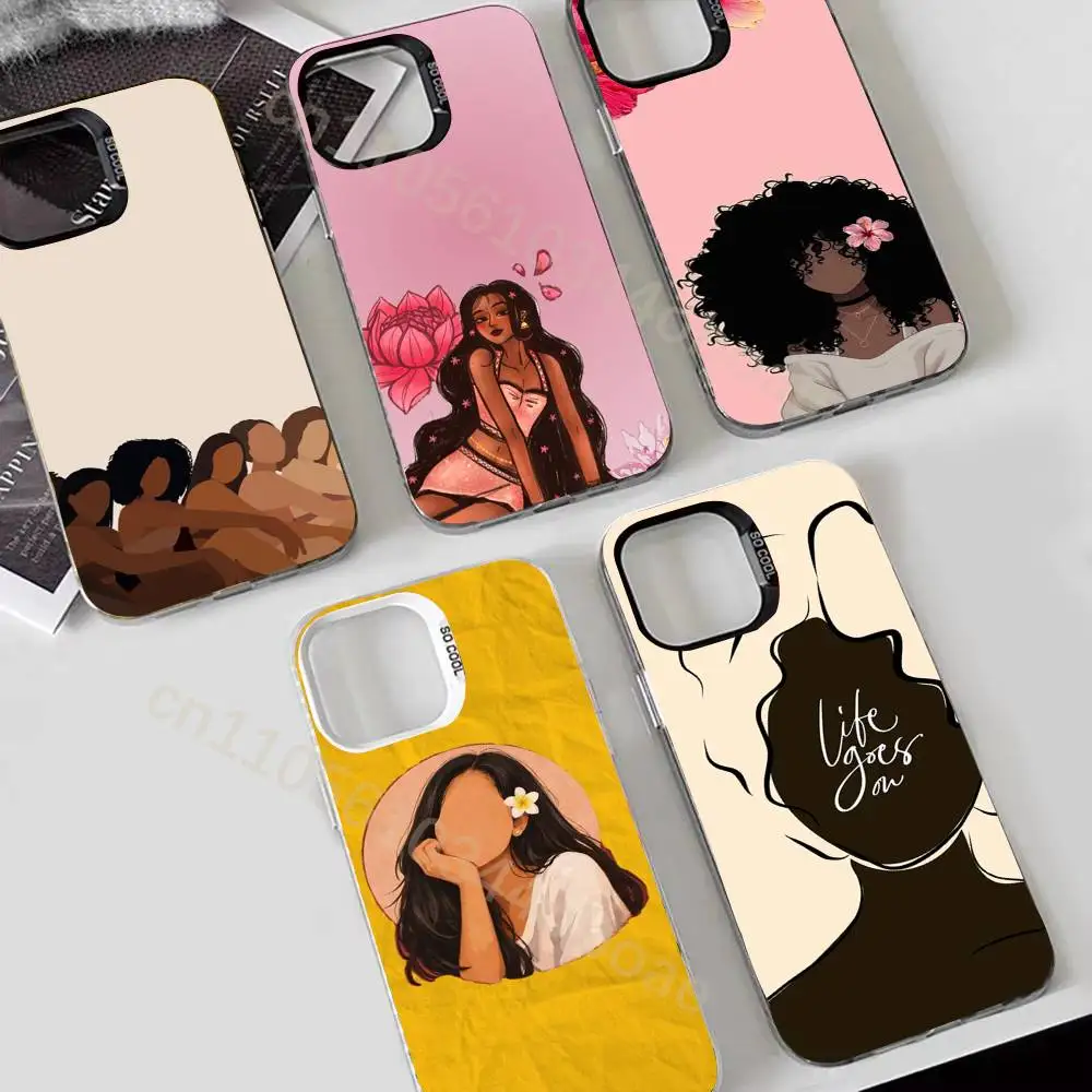 

Afro Black Girls Cartoon Phone Case For iPhone 17,16,15,14,13,12,11,Pro,Max,Plus Soft Black Cover