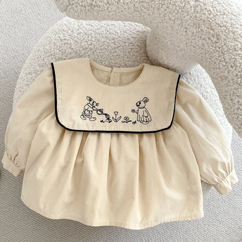 Autumn new baby clothing, 0-4 year old female baby, children\'s rabbit embroidered big collar top cardigan+bread pants