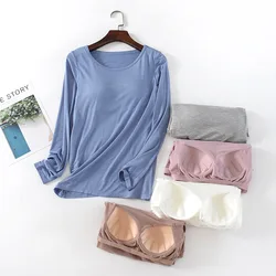 Sleep Top Long sleeved T-shirt With Chest Pad Women Modal Cup One Piece Fitted Bottom Shirt Women's Top Round Neck Sleeping Wear