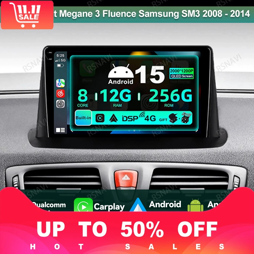 

Car Radio Android 15 For Renault Megane 3 Fluence Samsung SM3 2008 - 2014 4G LTE 5G WIFI Head Unit Viedo Player DVD DSP Stereo